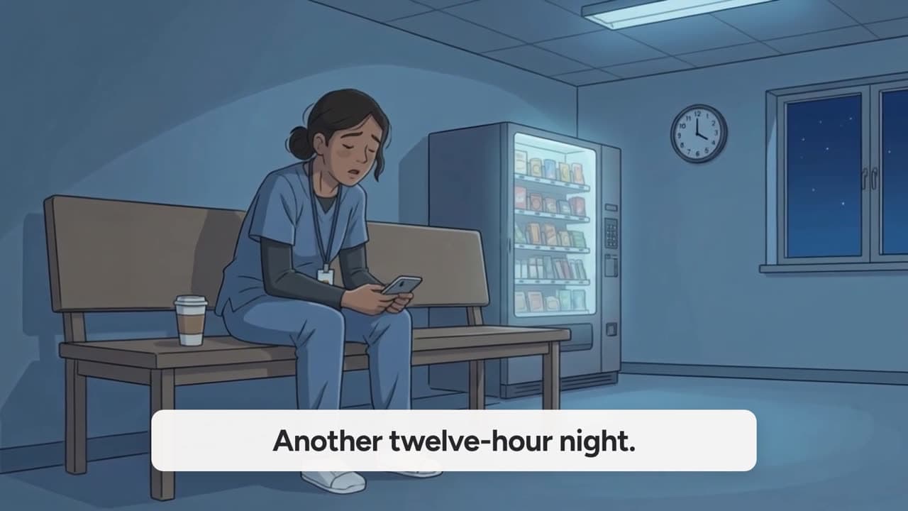The film's first frame: a nurse on a night-shift break, phone in hand