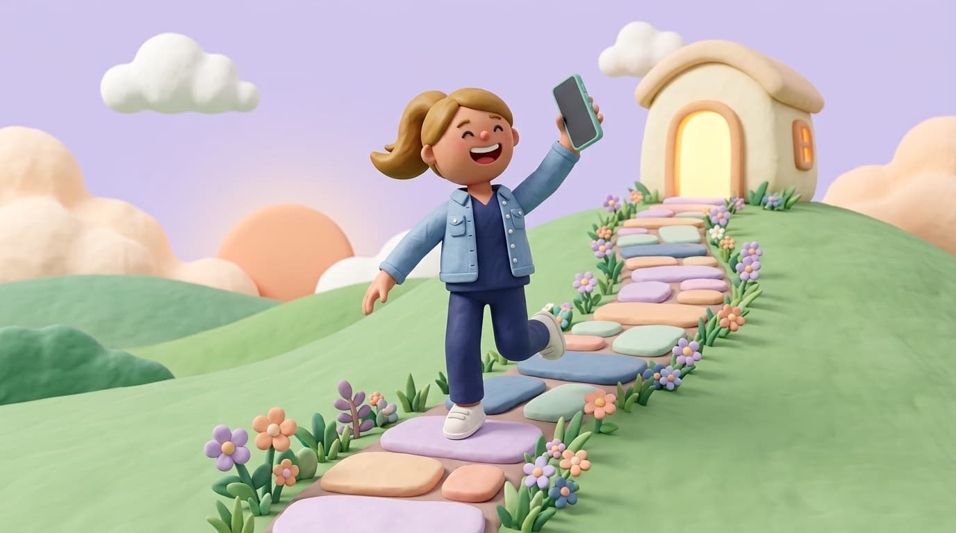 A soft clay illustration of a nurse in navy scrubs skipping up a pastel stepping-stone path toward a sunny little house, phone raised