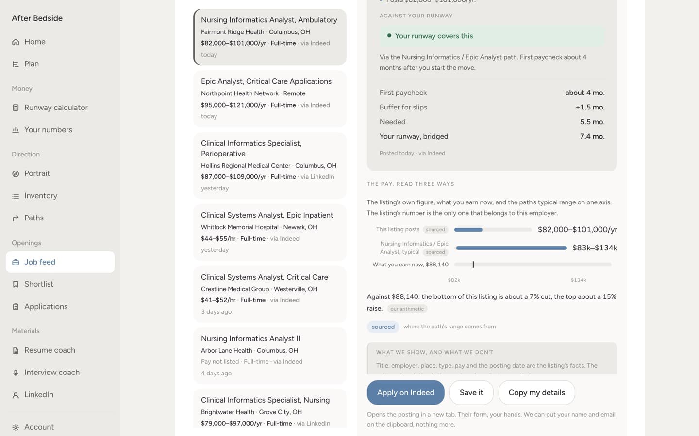The job feed on desktop, a listing read against your runway